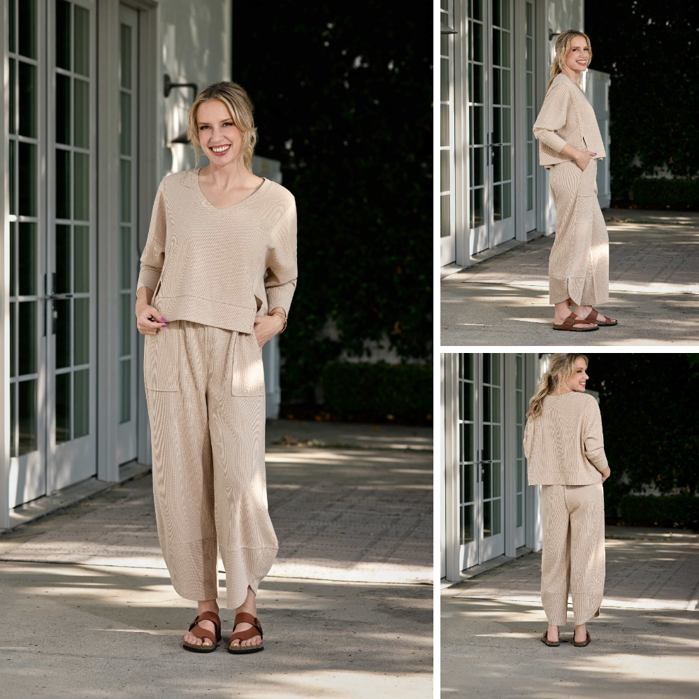 Lifestyle view 1 of the LuLaRoe Wendy Easy Barrel Pull-On Pant in Solid Oatmeal Beige