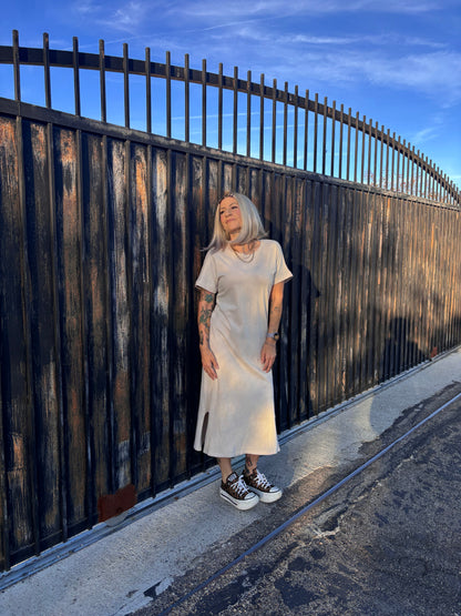 LuLaRoe Leticia Solid Mineral Washed Warm Stone Beige 100% cotton mineral washed midi T-shirt dress - product image 6