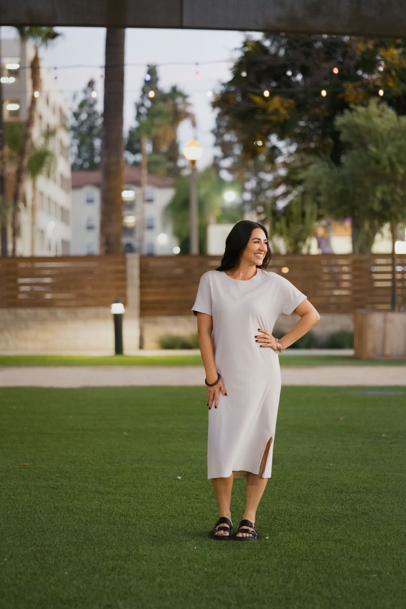 LuLaRoe Leticia Solid Mineral Washed Warm Stone Beige mineral washed cotton midi dress - additional view 14