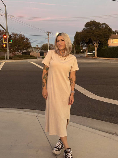 LuLaRoe Leticia Solid Mineral Washed Warm Stone Beige mineral washed cotton midi dress - additional view 12