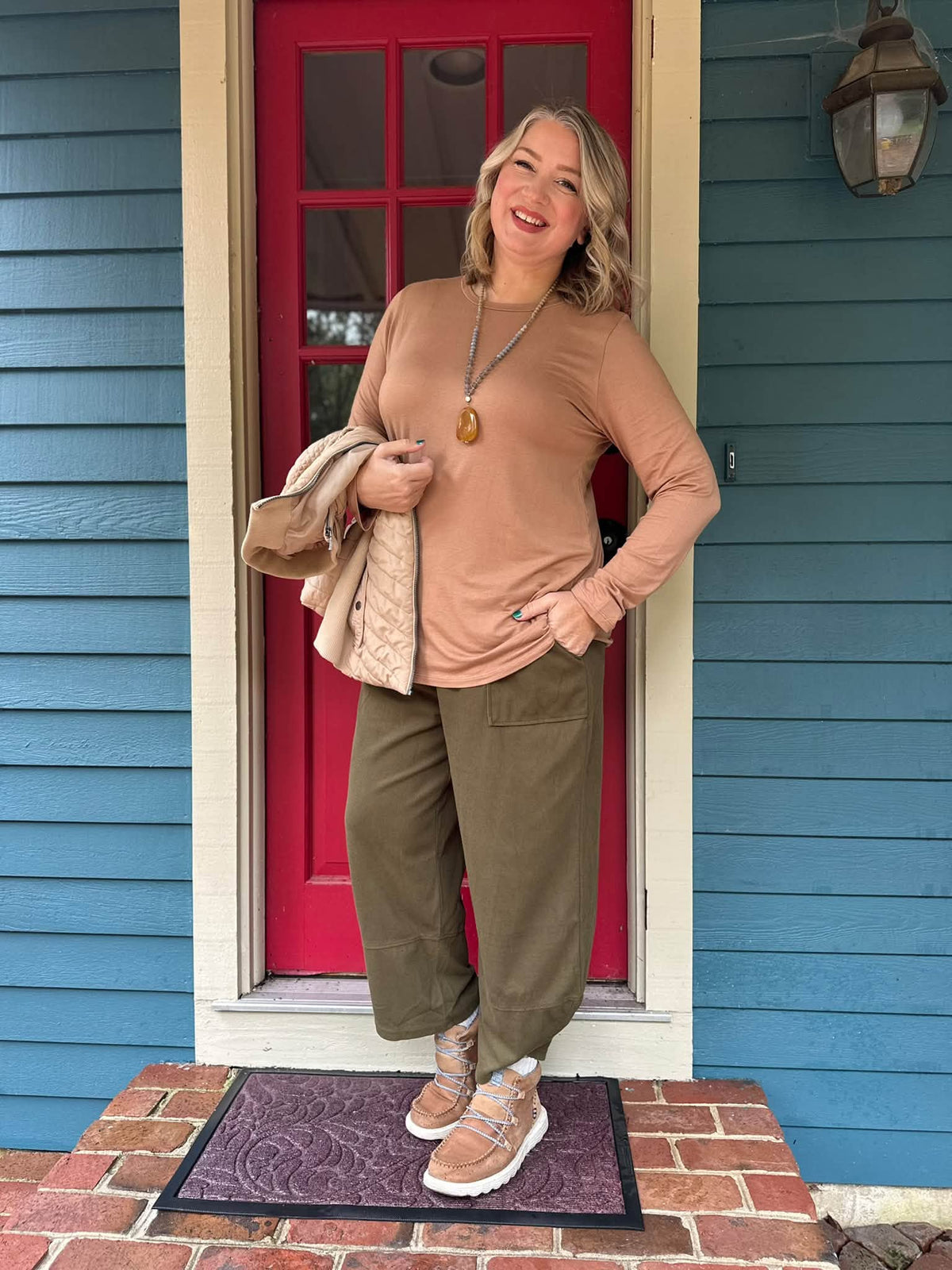 LuLaRoe Sharon Long Sleeve Top - Solid Warm Tan - styled outfit photo