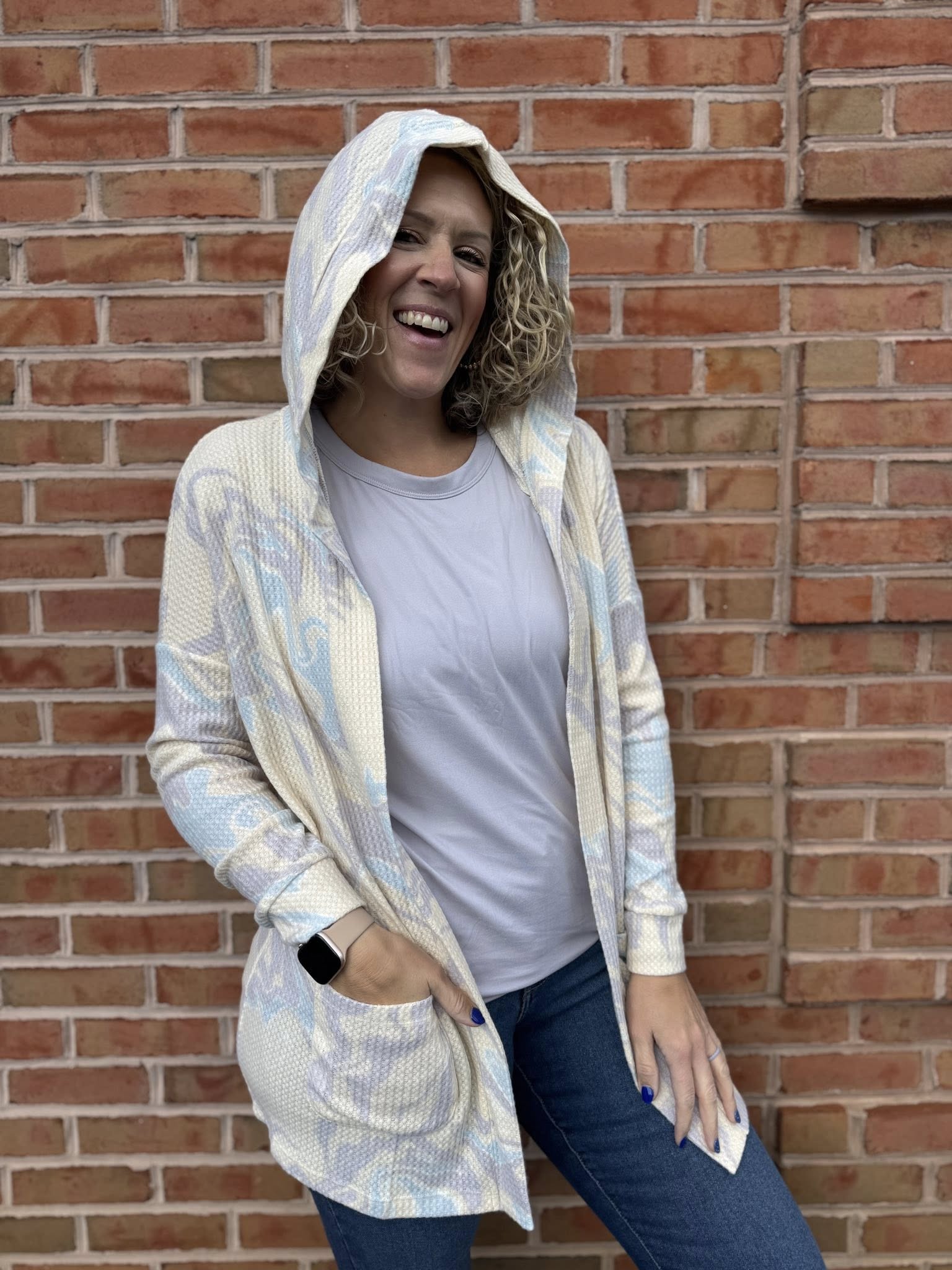 LuLaRoe Cozy Mackenzie Cardigan – Beige Blue Lavender Marble Swirl