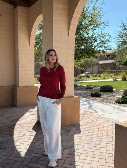 LuLaRoe Essential Long Sleeve Top Solid Crimson Berry - women’s crewneck stretch baby rib long sleeve shirt, product photo 6