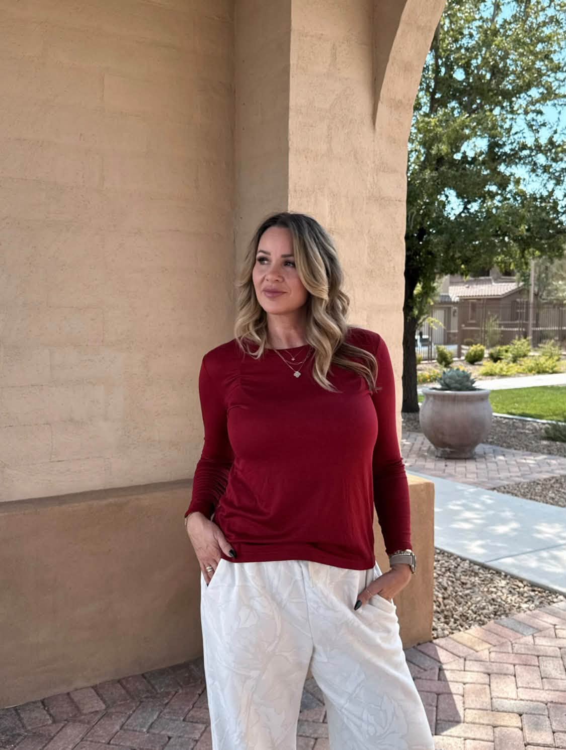 LuLaRoe Essential Long Sleeve Top Solid Crimson Berry - women’s crewneck stretch baby rib long sleeve shirt, product photo 9