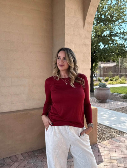 LuLaRoe Essential Long Sleeve Top Solid Crimson Berry - women’s crewneck stretch baby rib long sleeve shirt, product photo 9