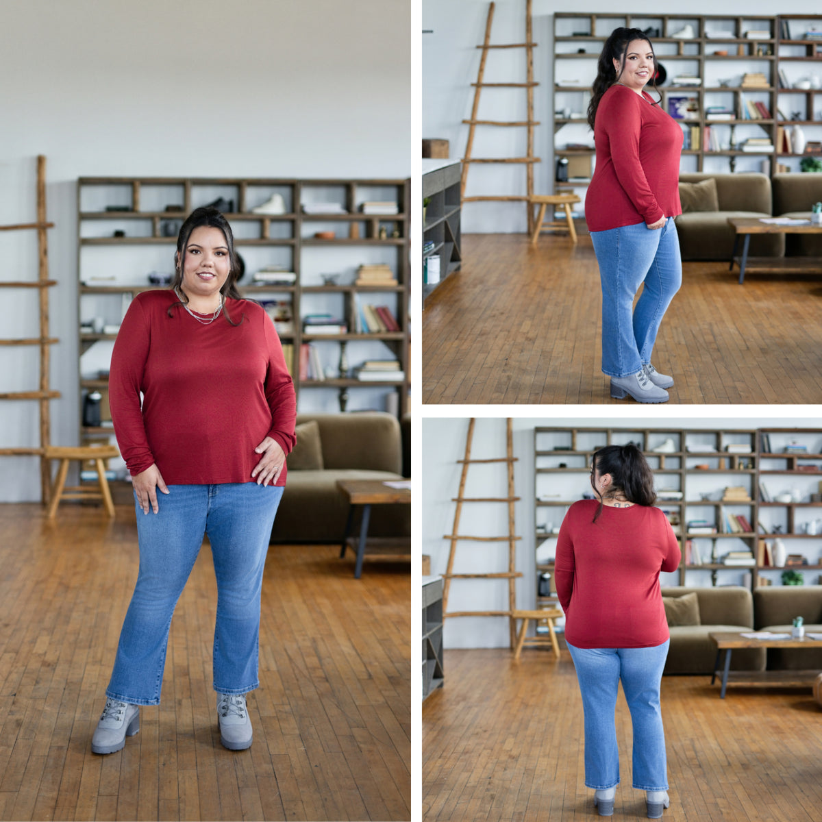 LuLaRoe Essential Long Sleeve Top Solid Crimson Berry - women’s crewneck stretch baby rib long sleeve shirt, product photo 3