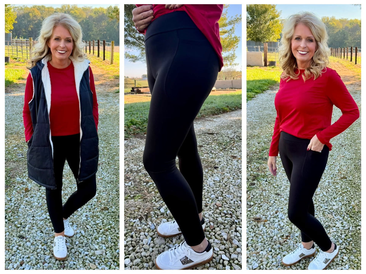 LuLaRoe WarmTech fleece-lined leggings solid black - detail and lifestyle view 1