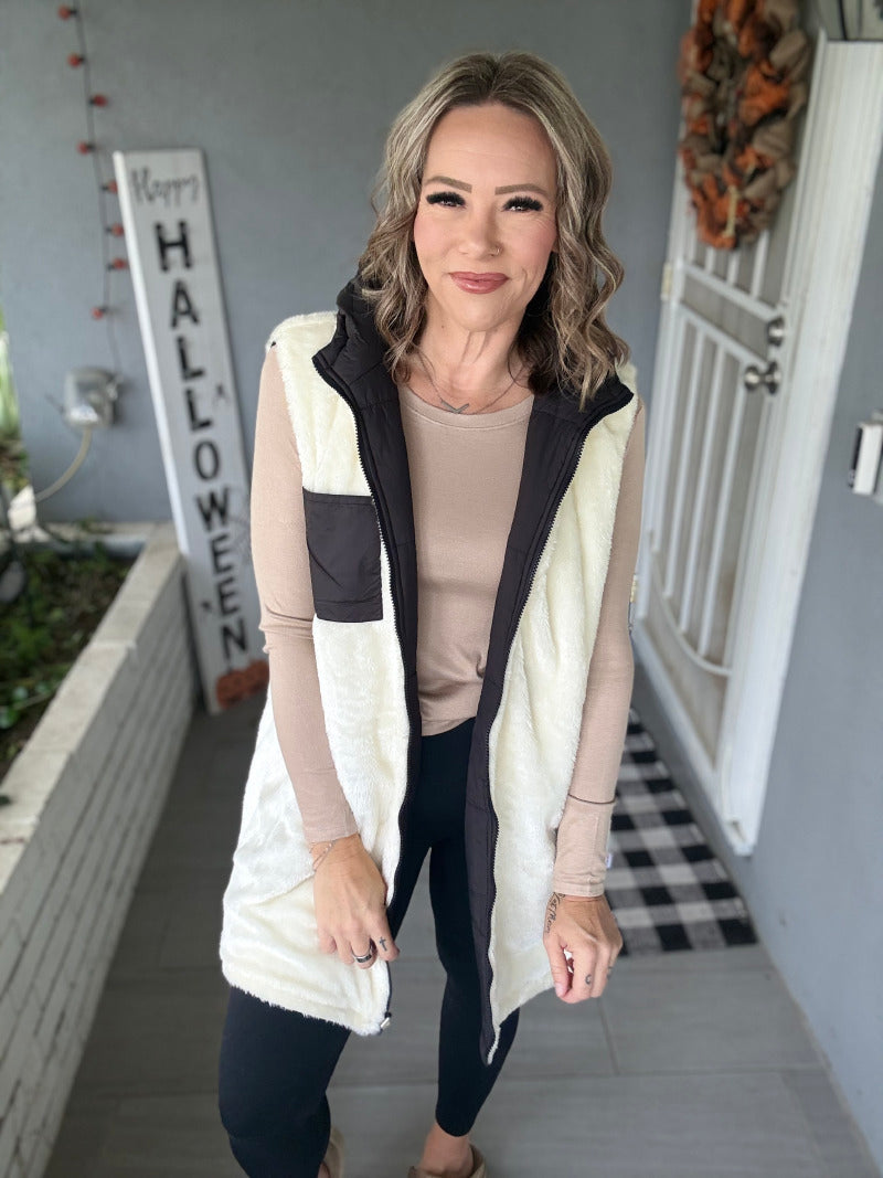 LuLaRoe Alta Solid Black reversible puffer vest, product and styling photo 4