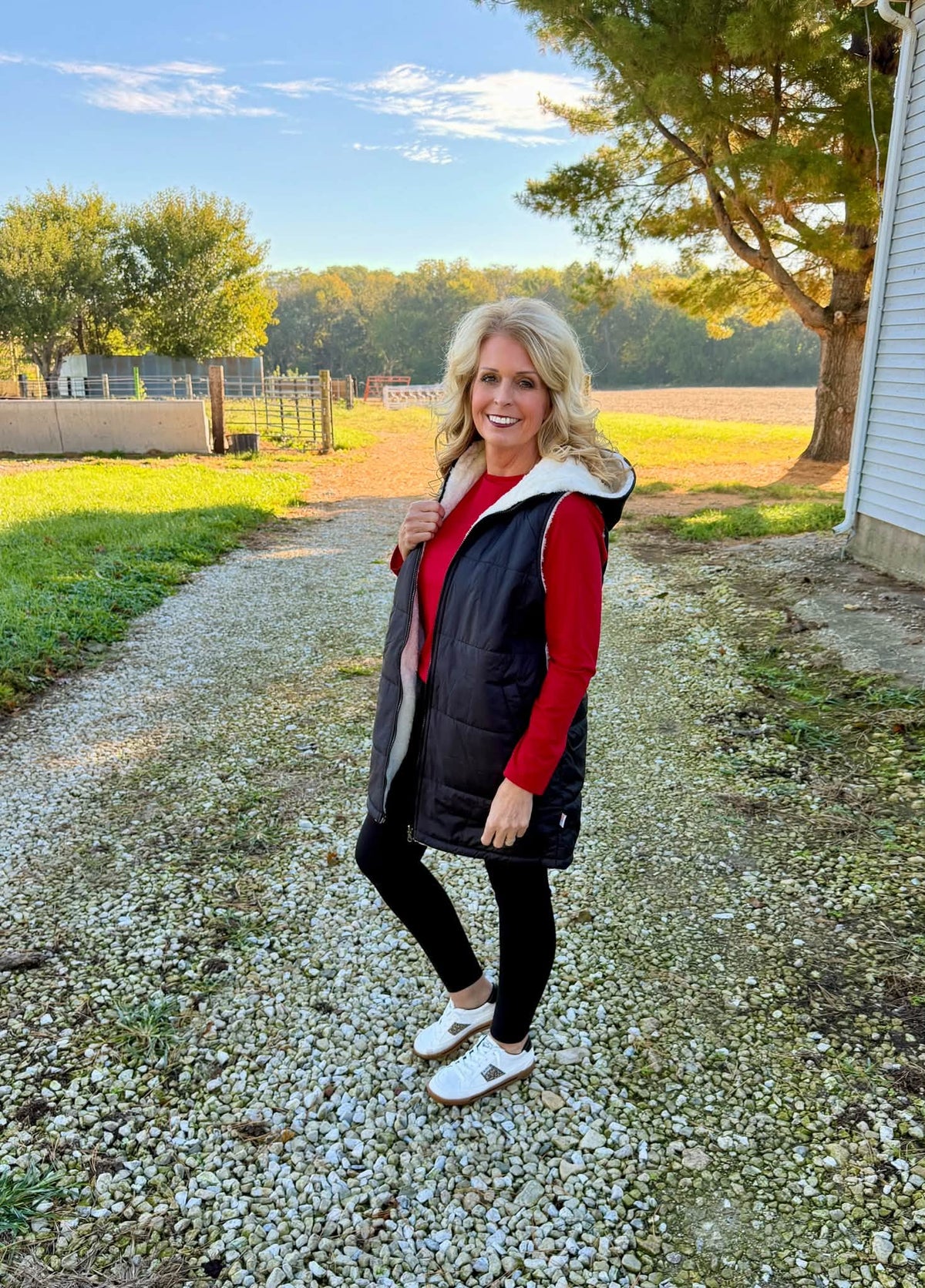 LuLaRoe Alta Solid Black reversible puffer vest, product and styling photo 3