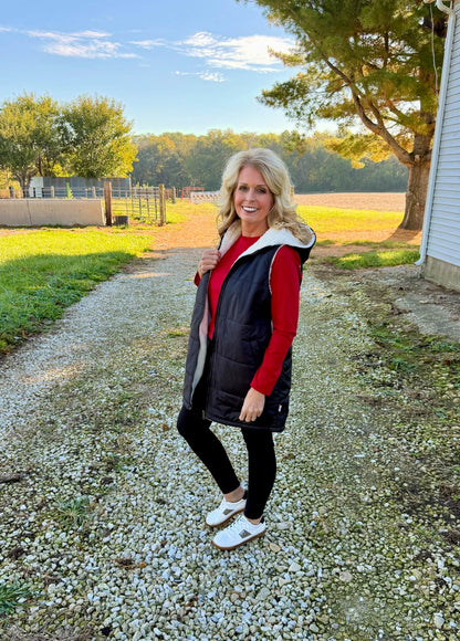 LuLaRoe Alta Solid Black reversible puffer vest, product and styling photo 3