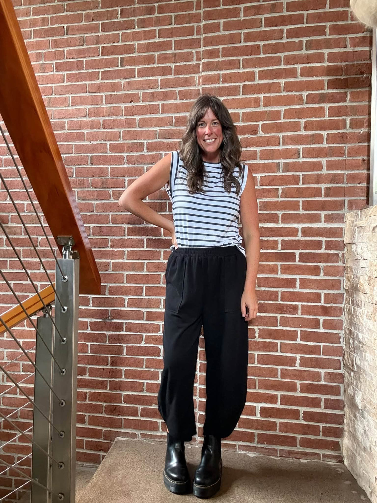 Lifestyle view 1 of the LuLaRoe Wendy Easy Barrel Pull-On Pant in Solid Black
