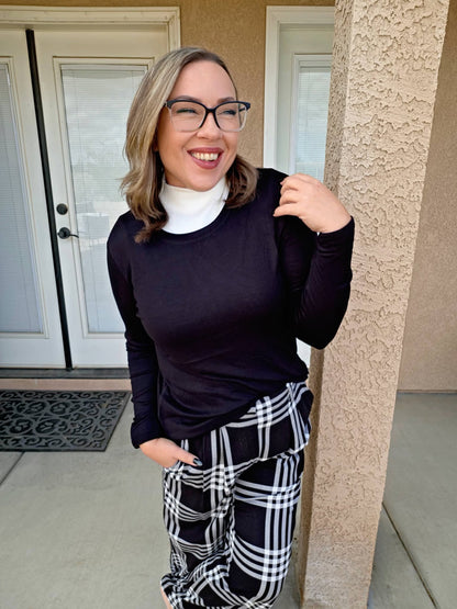 LuLaRoe Essential Long Sleeve Top Solid Black - women’s crewneck stretch baby rib long sleeve shirt, product photo 3