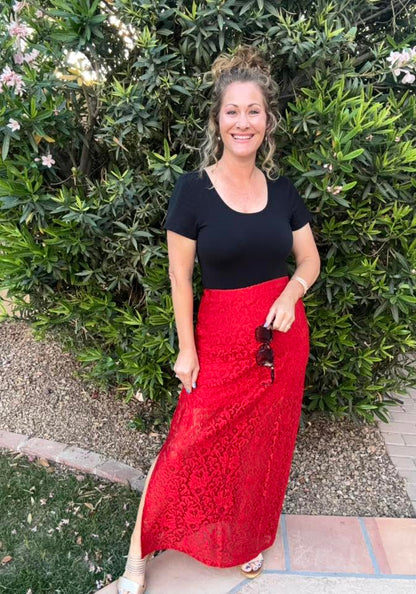 LuLaRoe LuLaRoe Tihane Lace Maxi Skirt - Solid Scarlet Lace Statement 