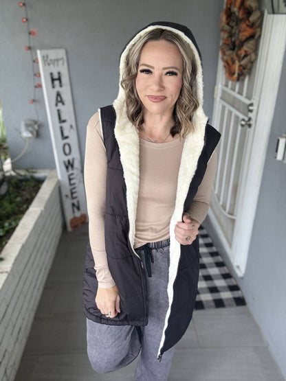 LuLaRoe Alta Reversible Long Vest Solid Black, lifestyle and detail photo 9