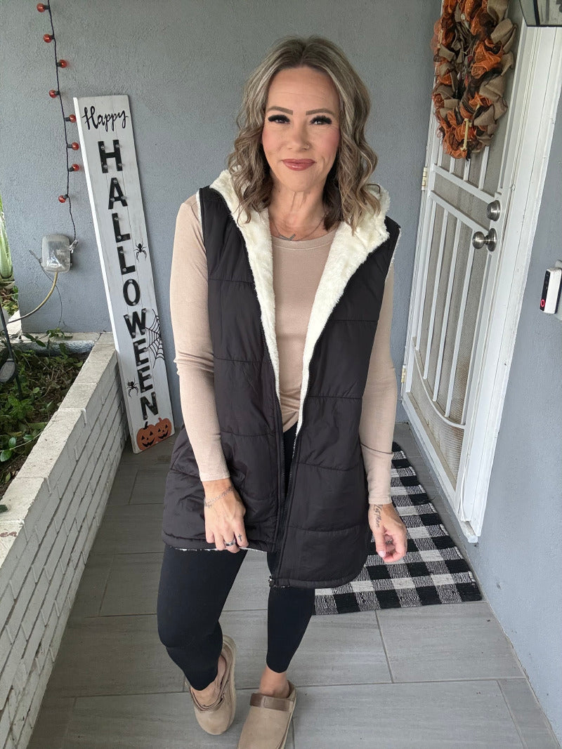 LuLaRoe Alta Reversible Long Vest Solid Black, lifestyle and detail photo 7