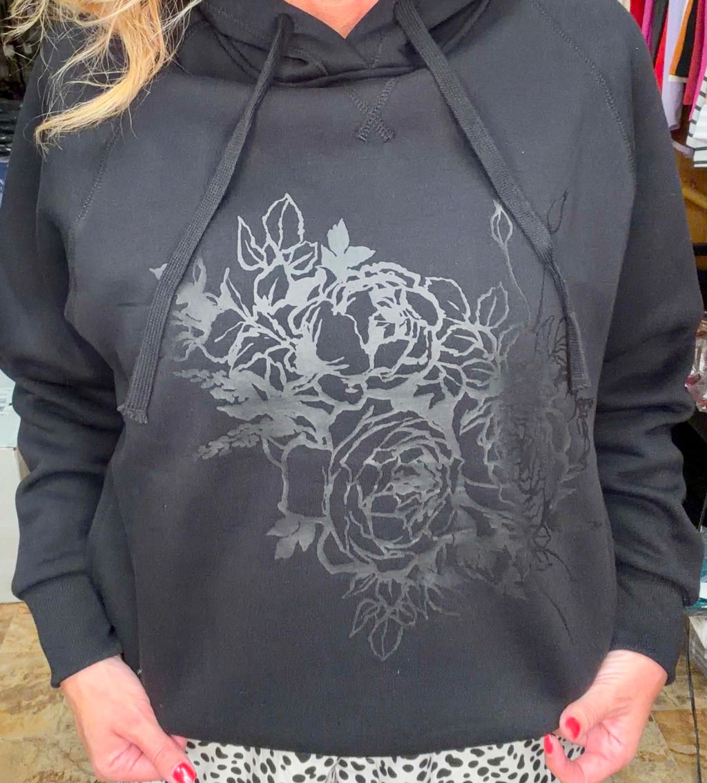 LuLaRoe Graphic Hoodie - Black & Charcoal Tonal Floral Graphic