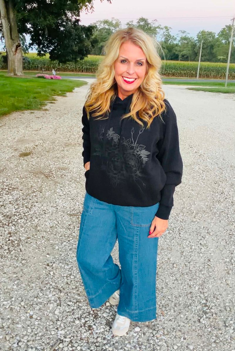 LuLaRoe Graphic Hoodie - Black & Charcoal Tonal Floral Graphic