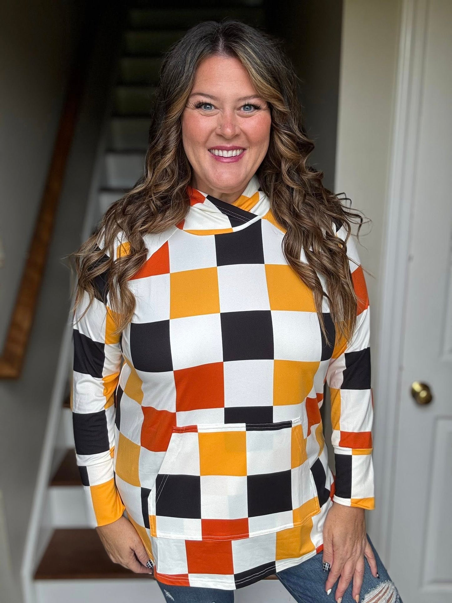 LuLaRoe Halloween 2025 - Amber Hoodie - Candy Corn Checkmate