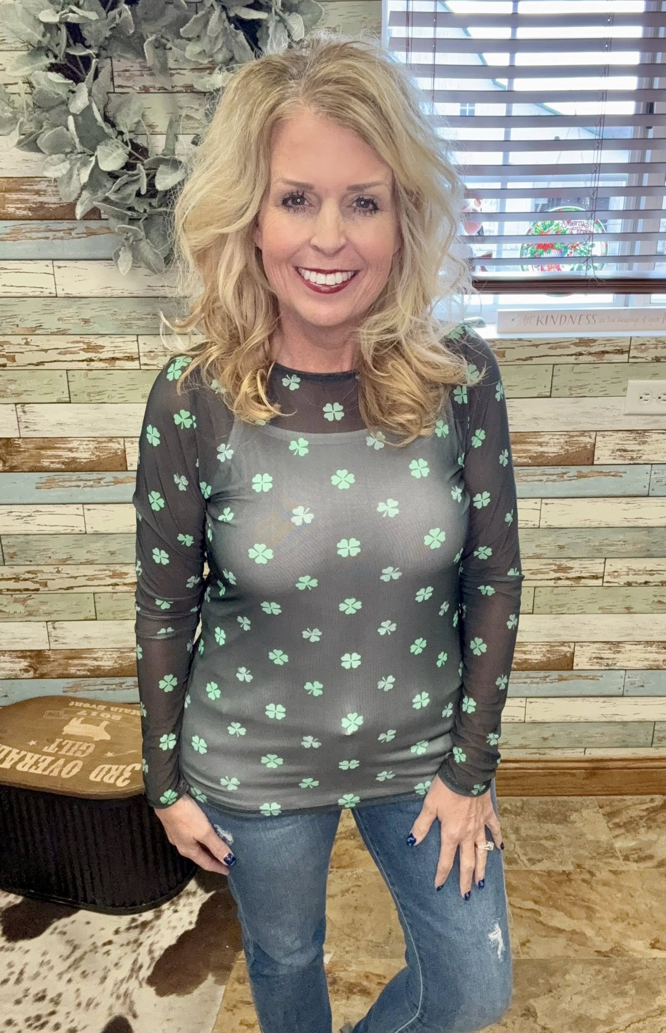 LuLaRoe LuLaRoe May Mesh Top - Emerald Heart & Clover Repeat 