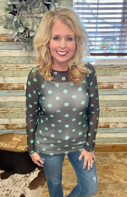 LuLaRoe LuLaRoe May Mesh Top - Emerald Heart & Clover Repeat 