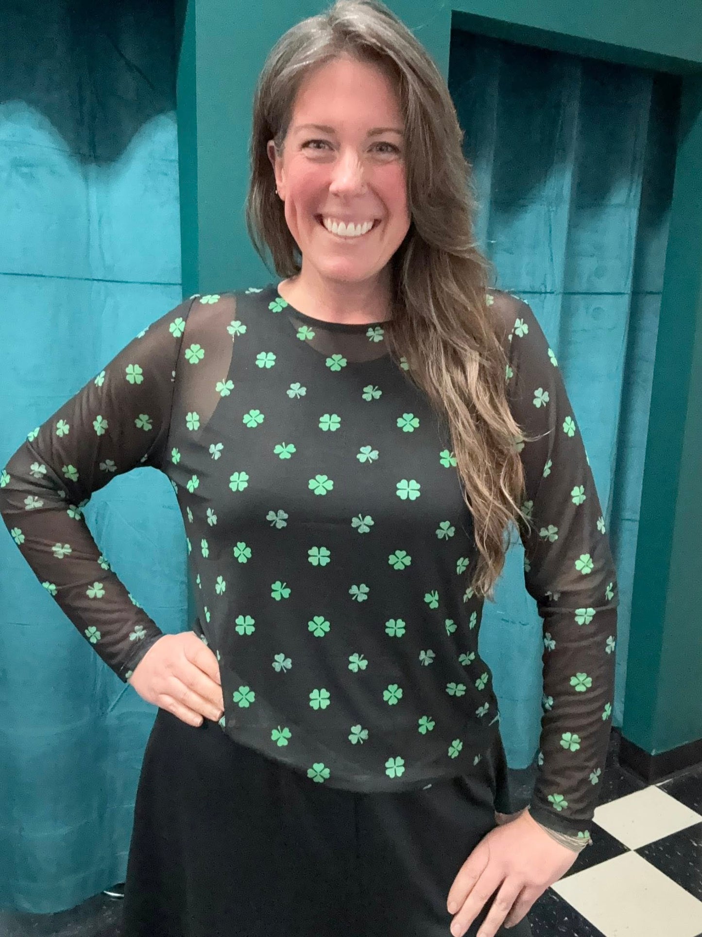 LuLaRoe LuLaRoe May Mesh Top - Emerald Heart & Clover Repeat 