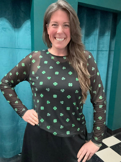 LuLaRoe LuLaRoe May Mesh Top - Emerald Heart & Clover Repeat 