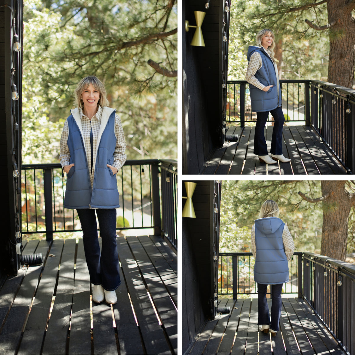 LuLaRoe Alta Solid Dusty Slate Blue reversible puffer vest, product and styling photo 3