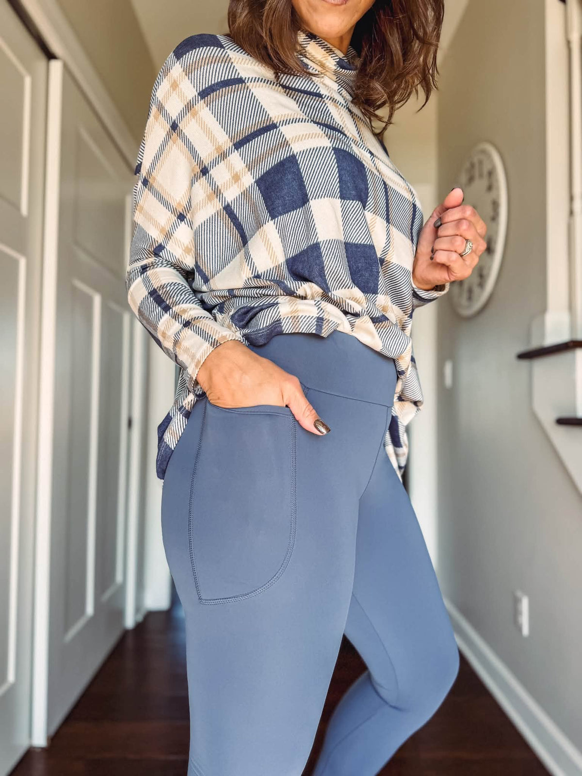 LuLaRoe WarmTech fleece-lined leggings solid dusty slate blue - detail and lifestyle view 2
