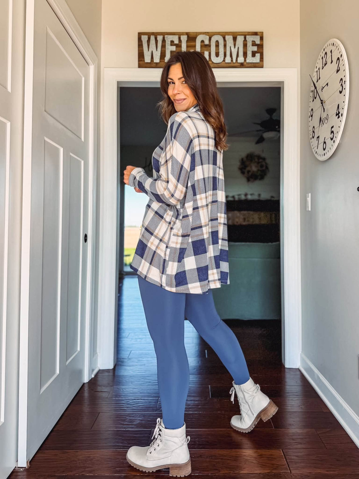 LuLaRoe WarmTech fleece-lined leggings solid dusty slate blue - detail and lifestyle view 1