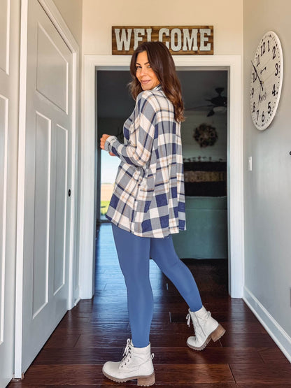 LuLaRoe WarmTech fleece-lined leggings solid dusty slate blue - detail and lifestyle view 1