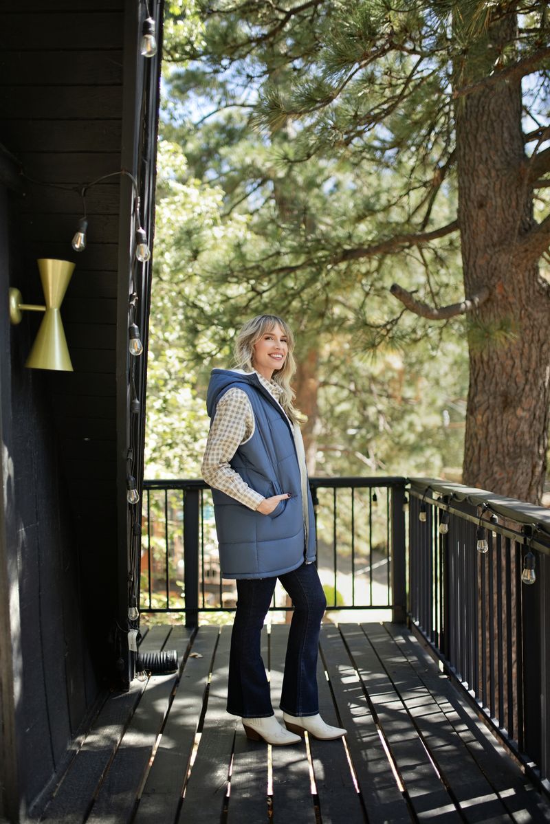 LuLaRoe Alta Reversible Long Vest Solid Dusty Slate Blue, lifestyle and detail photo 13