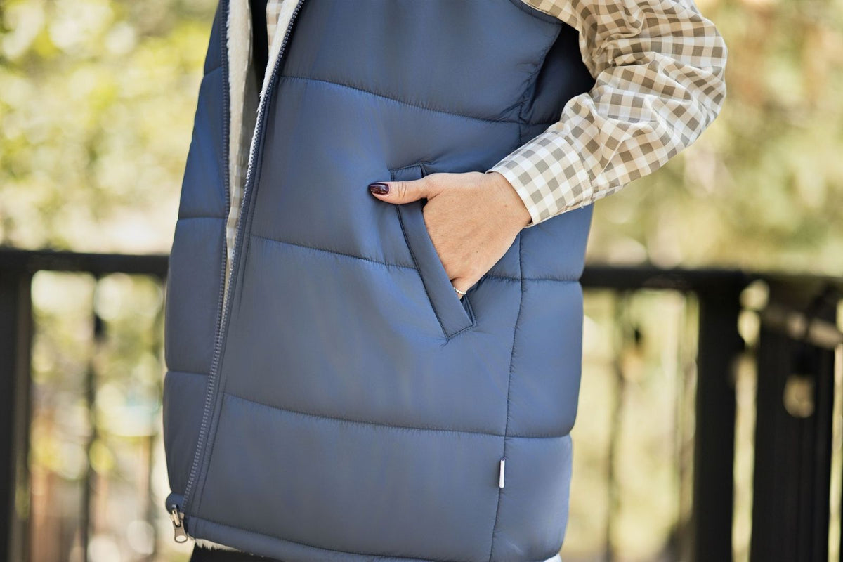 LuLaRoe Alta Reversible Long Vest Solid Dusty Slate Blue, lifestyle and detail photo 10
