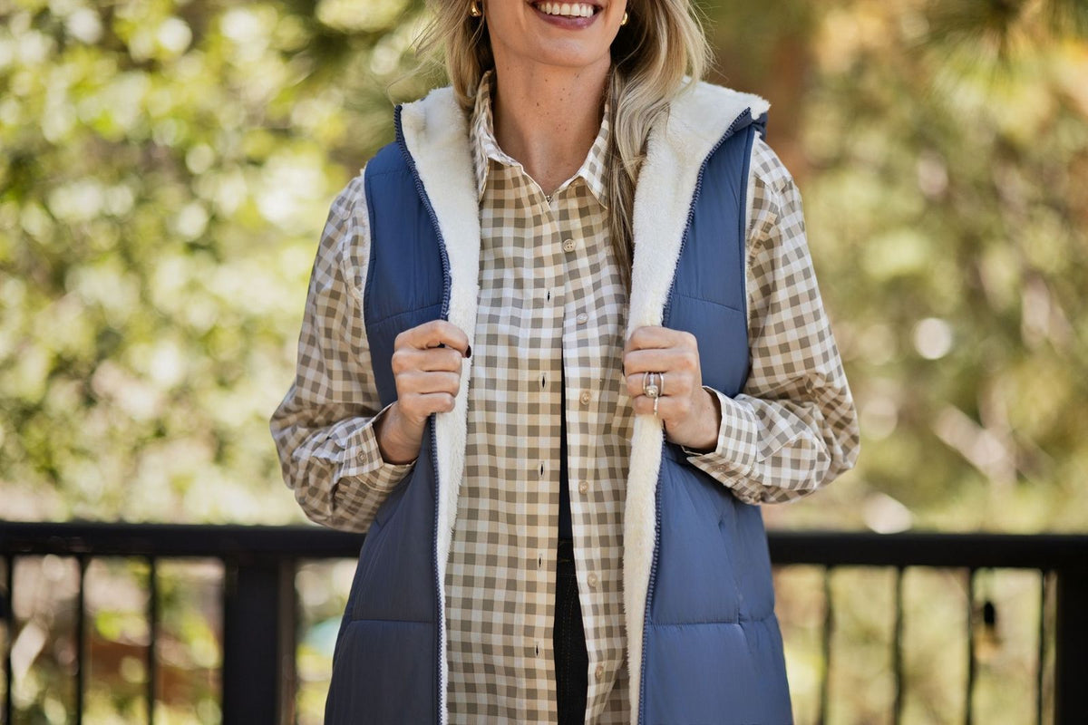 LuLaRoe Alta Reversible Long Vest Solid Dusty Slate Blue, lifestyle and detail photo 7