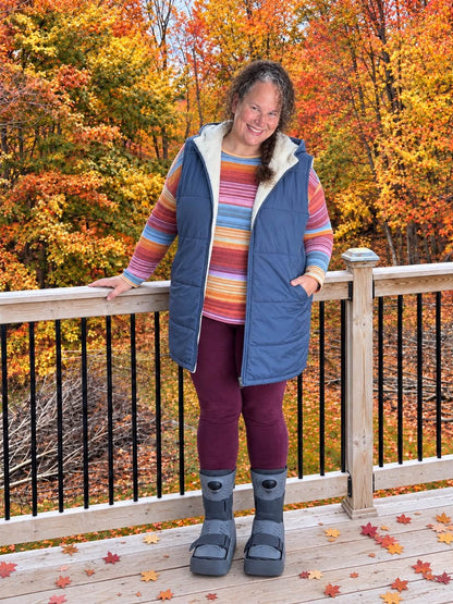 LuLaRoe Alta Solid Dusty Slate Blue reversible puffer vest, product and styling photo 4