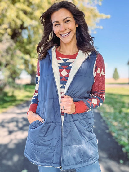 LuLaRoe Alta Reversible Long Vest Solid Dusty Slate Blue, lifestyle and detail photo 8