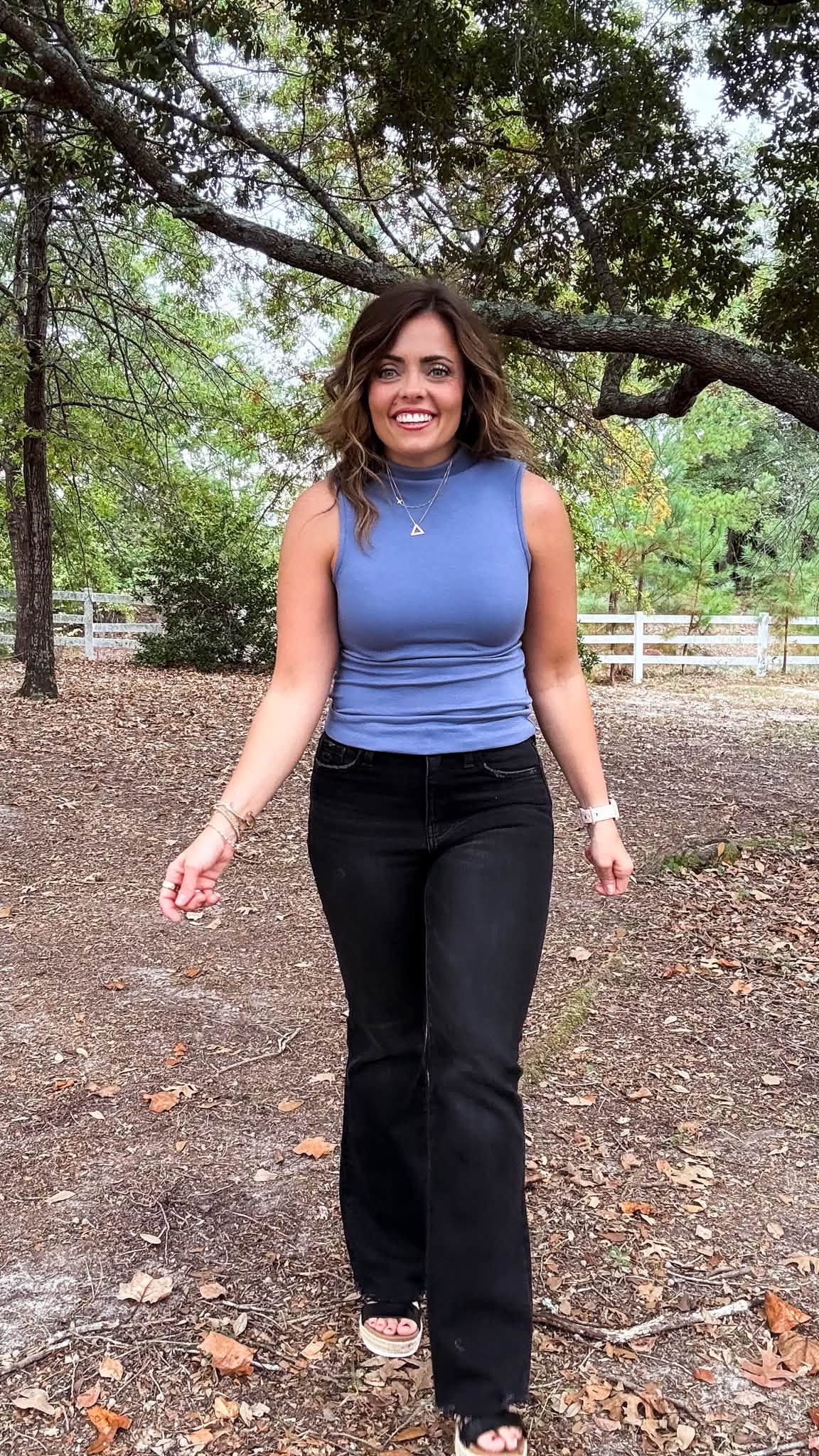 LuLaRoe Ramona Mock Neck Tank – Solid Slate Blue outfit and fit photo