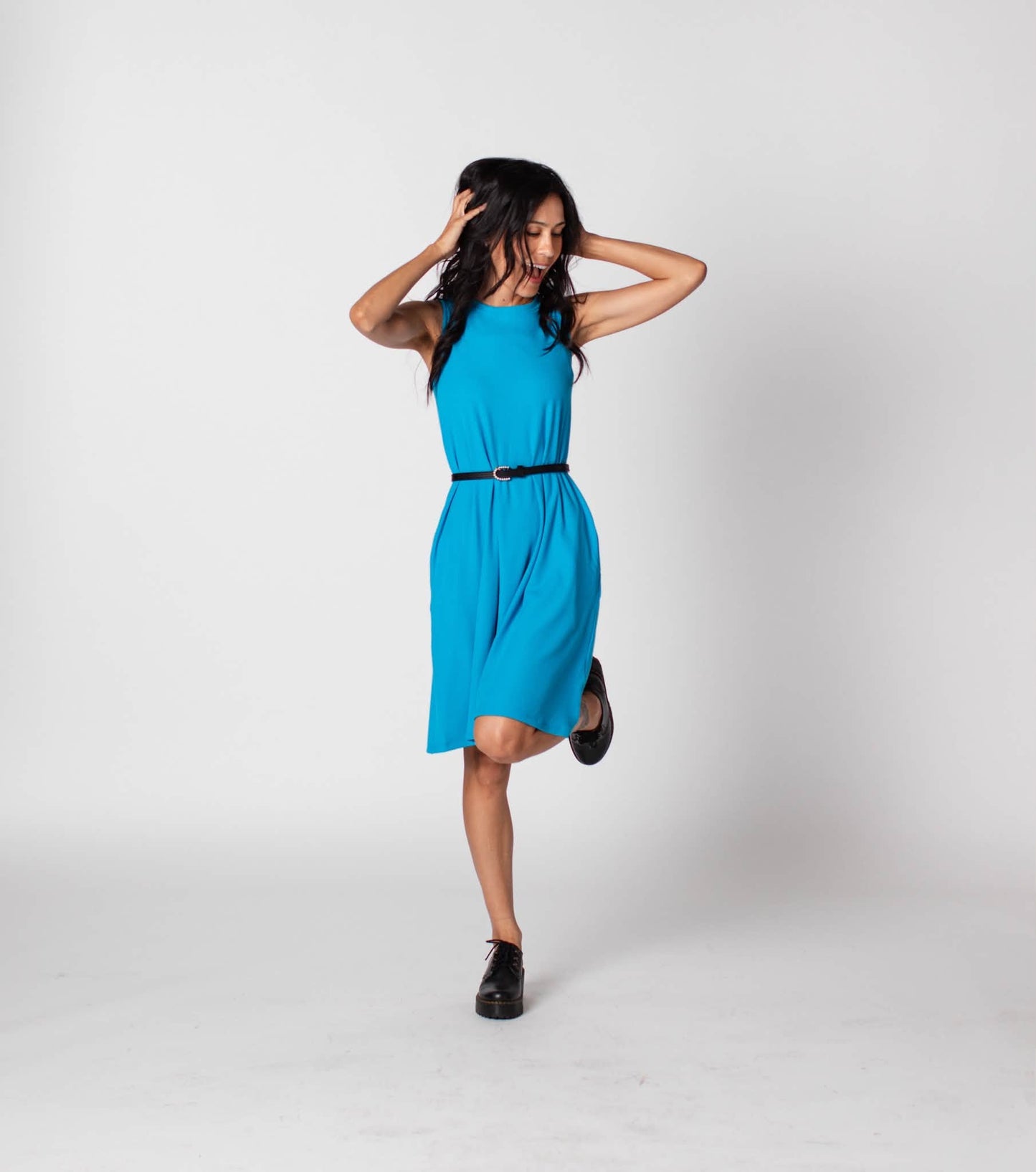 LuLaRoe Charlotte Dress - Solid Turquoise Blue Sleeveless A-Line Dress with Pockets