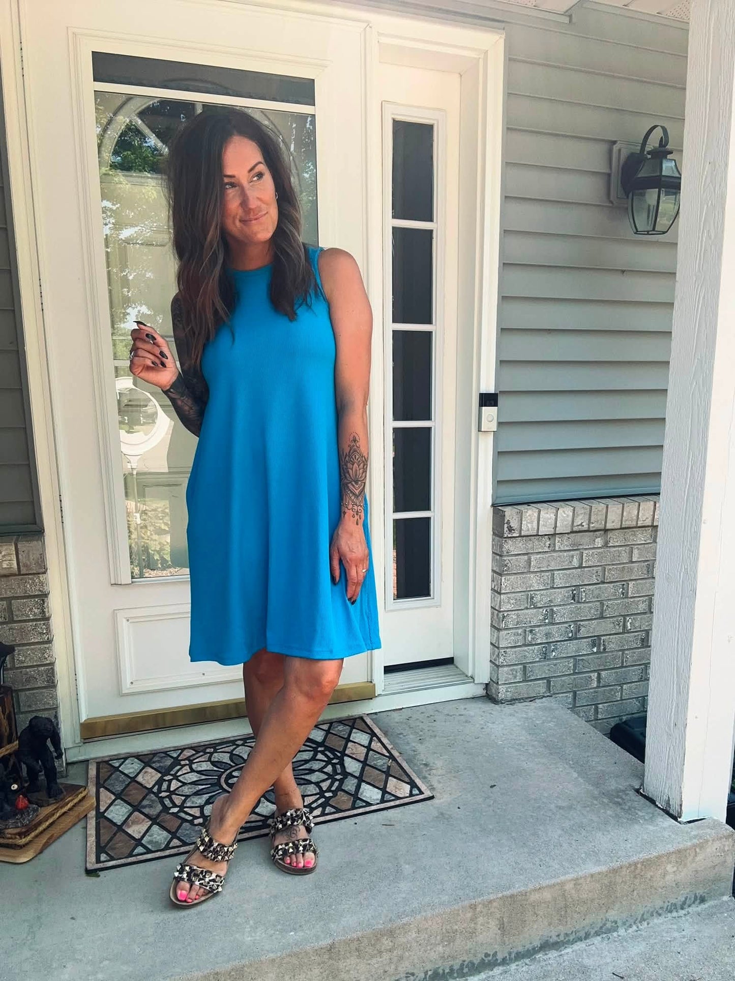 LuLaRoe Charlotte Dress - Solid Turquoise Blue Sleeveless A-Line Dress with Pockets