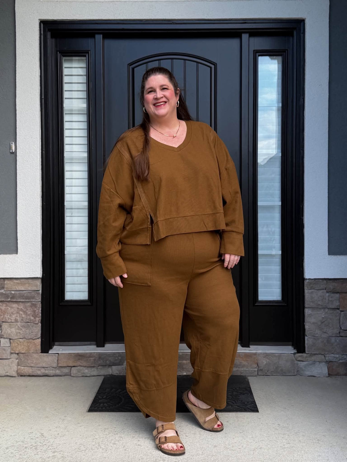 Lifestyle view 2 of the LuLaRoe Wendy Easy Barrel Pull-On Pant in Solid Caramel Brown