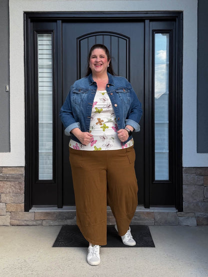 Lifestyle view 1 of the LuLaRoe Wendy Easy Barrel Pull-On Pant in Solid Caramel Brown