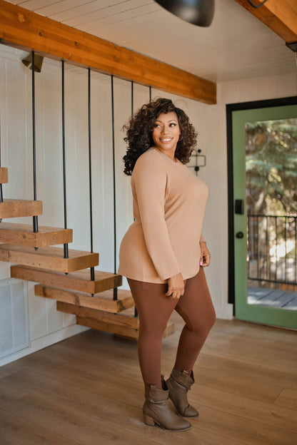LuLaRoe WarmTech fleece-lined leggings solid warm chocolate brown - detail and lifestyle view 2