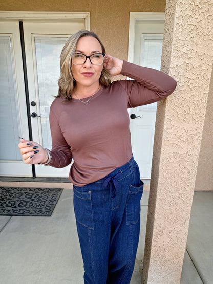 LuLaRoe Essential Long Sleeve Top Solid Brown - women’s crewneck stretch baby rib long sleeve shirt, product photo 4