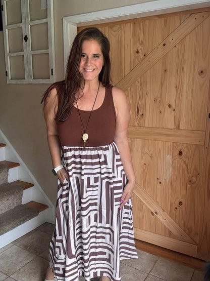 LuLaRoe Madeline Midi Tank Dress - Mocha Geometric Maze