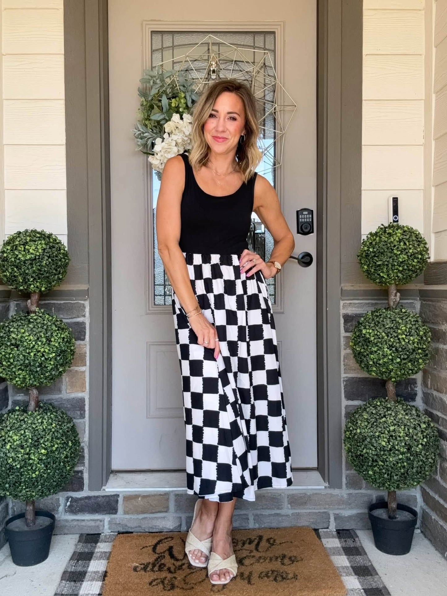 LuLaRoe Madeline Midi Tank Dress - Black Painterly Checkerboard