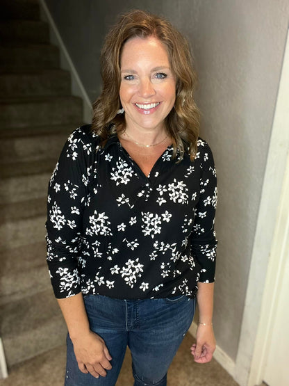 Courtney - Black & White Floral Rib