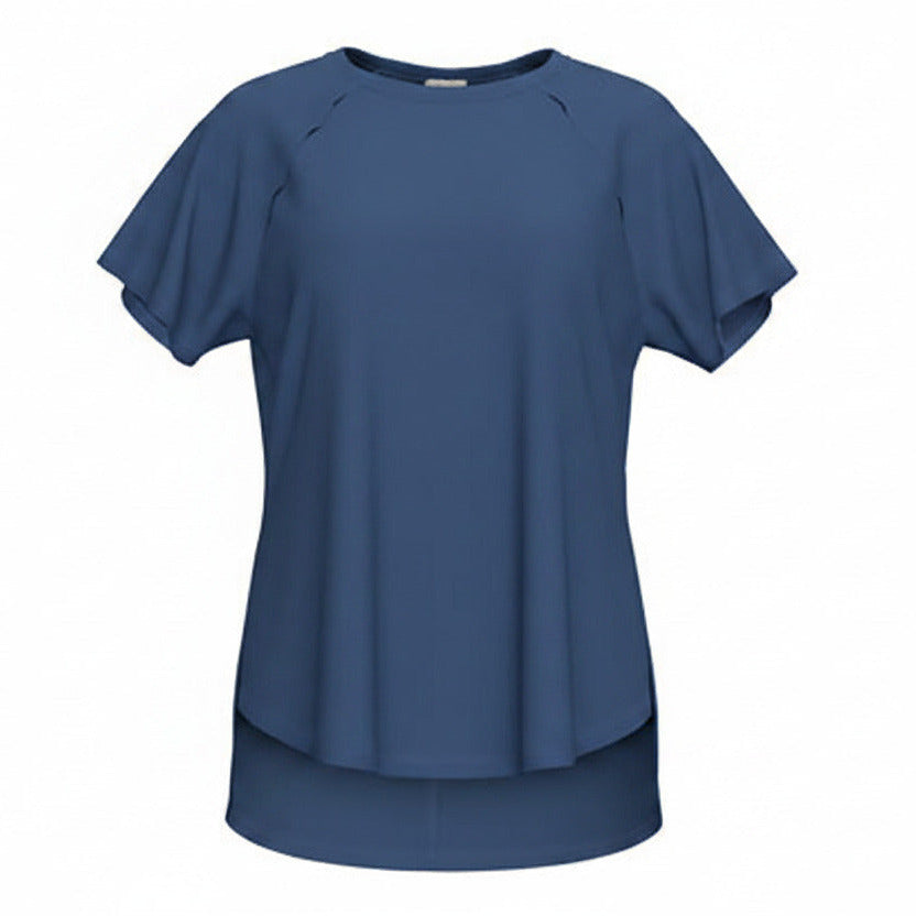 A dark navy blue short-sleeve top with a relaxed, flowing silhouette, raglan-style shoulder seams, and a split curved hem, shown against a plain white background.