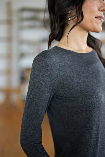 LuLaRoe Essential Long Sleeve Top Solid Heather Charcoal - women’s crewneck stretch baby rib long sleeve shirt, product photo 3
