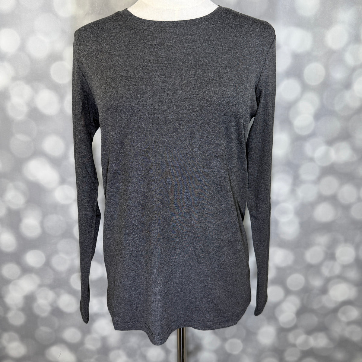LuLaRoe Essential Long Sleeve Top Solid Heather Charcoal - women’s crewneck stretch baby rib long sleeve shirt, product photo 2