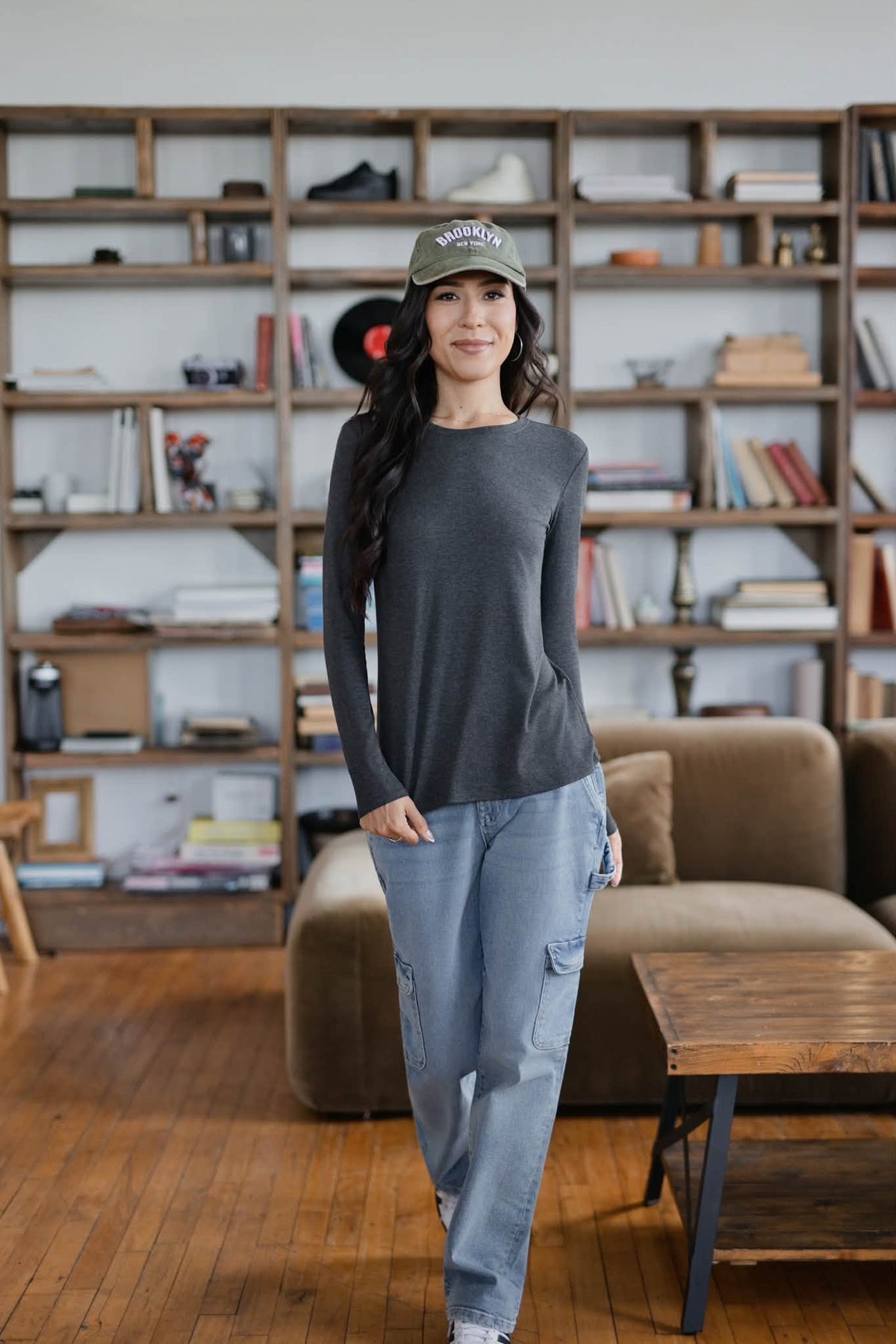 LuLaRoe Essential Long Sleeve Top Solid Heather Charcoal - women’s crewneck stretch baby rib long sleeve shirt, product photo 6