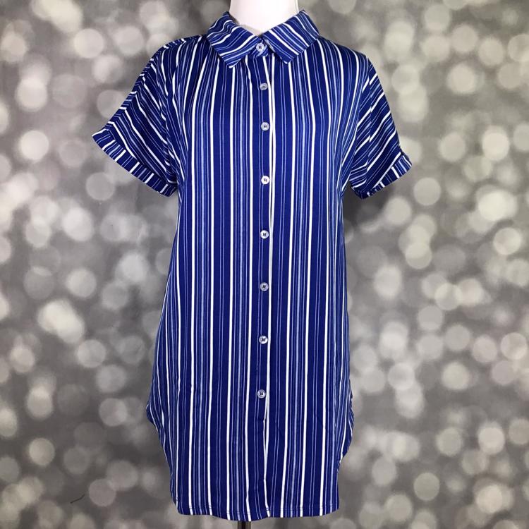 Front view of mannequin wearing LuLaRoe Charlie Button Up Shirt in blue and white vertical stripe print with short sleeves and button front